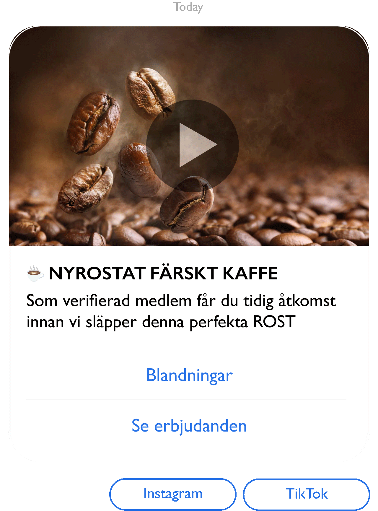 Exempel på RCS Rich Message - Kafferosteri med lojalitetsprogram och kampanjerbjudanden
