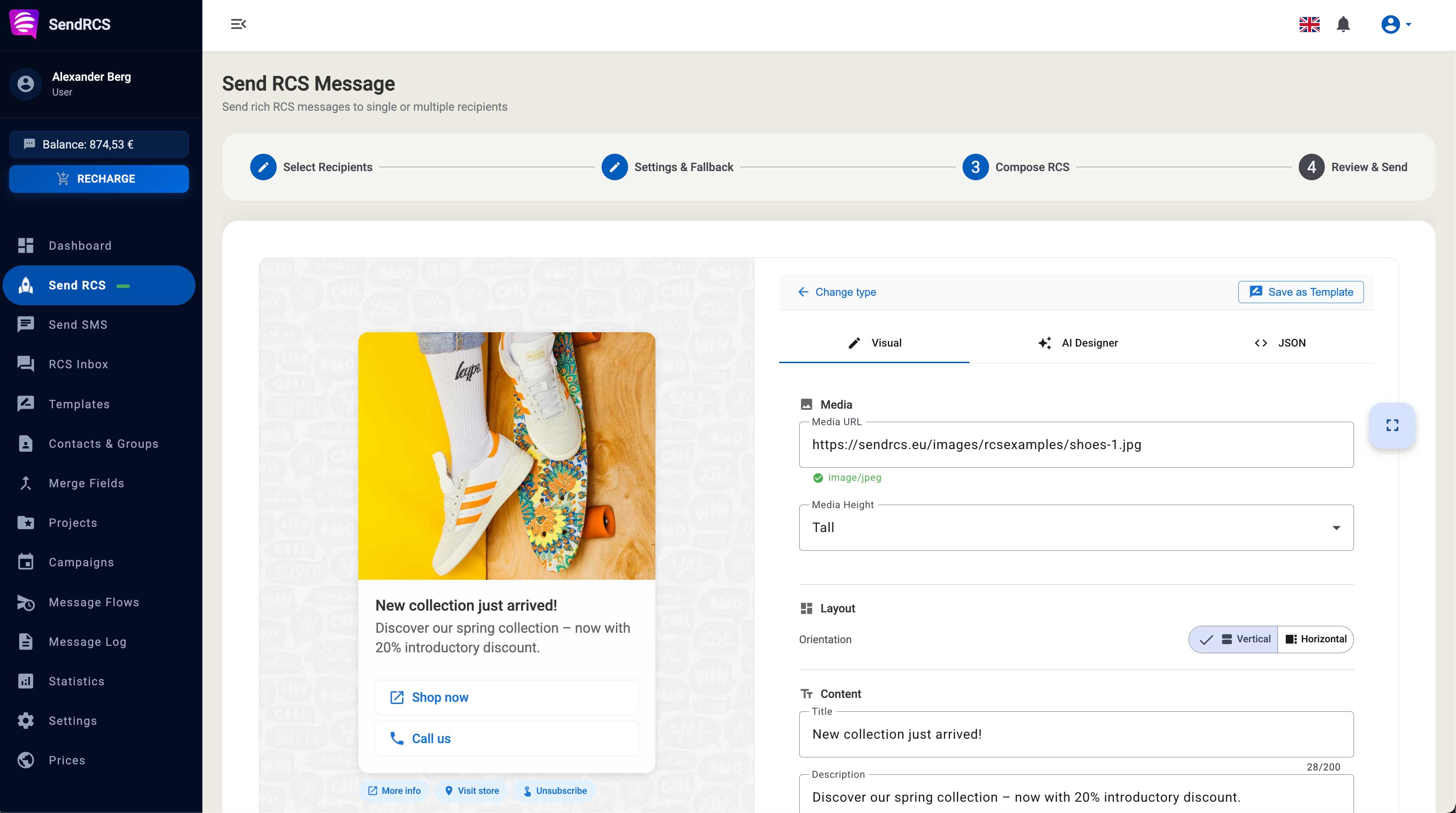 Skicka RCS-meddelanden online - skapa rich card-meddelanden med bilder, knappar och karuseller