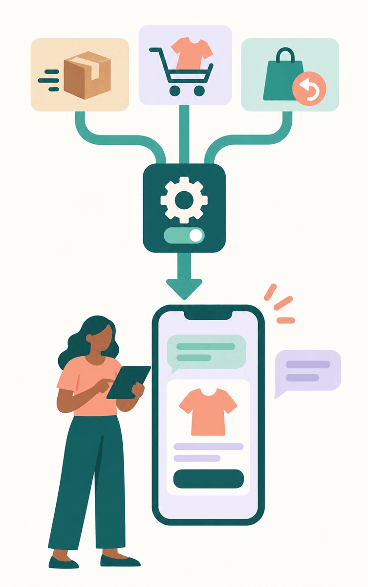 Frakt-, varukorgs- och retur-triggers i Shopify Flow passerar ett SendRCS-steg och blir ett RCS-meddelande på en telefon