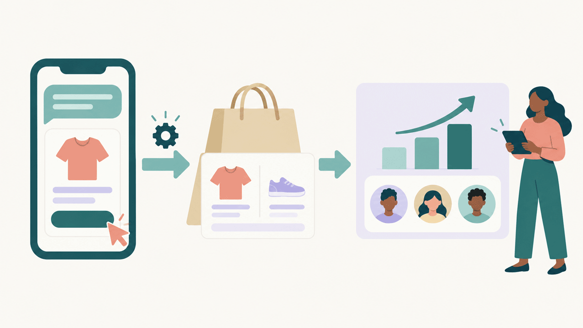 Ett tryck på ett RCS-produktkort leder till en Shopify-order, och ordern syns som intäkt och köpare i statistiken